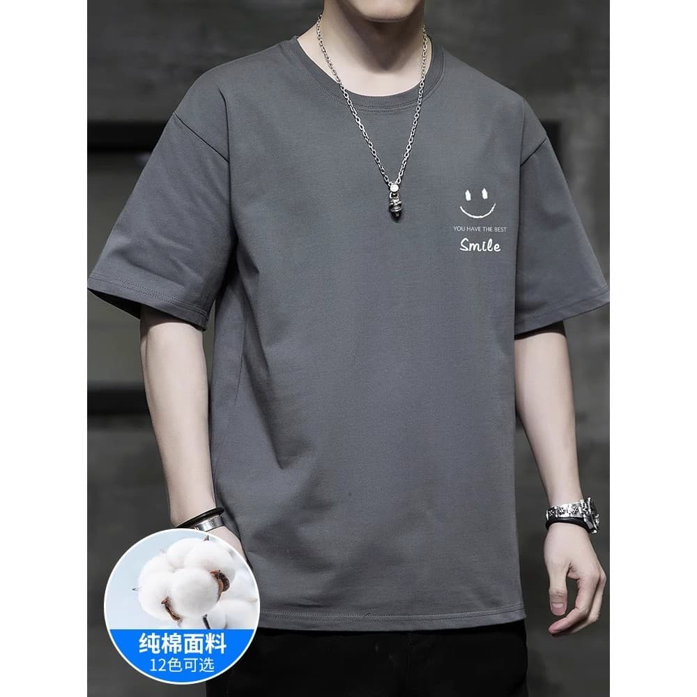 Camiseta masculina de manga curta de algodão puro 2025 novo estilo verão meninos solto em torno do pescoço confortável m