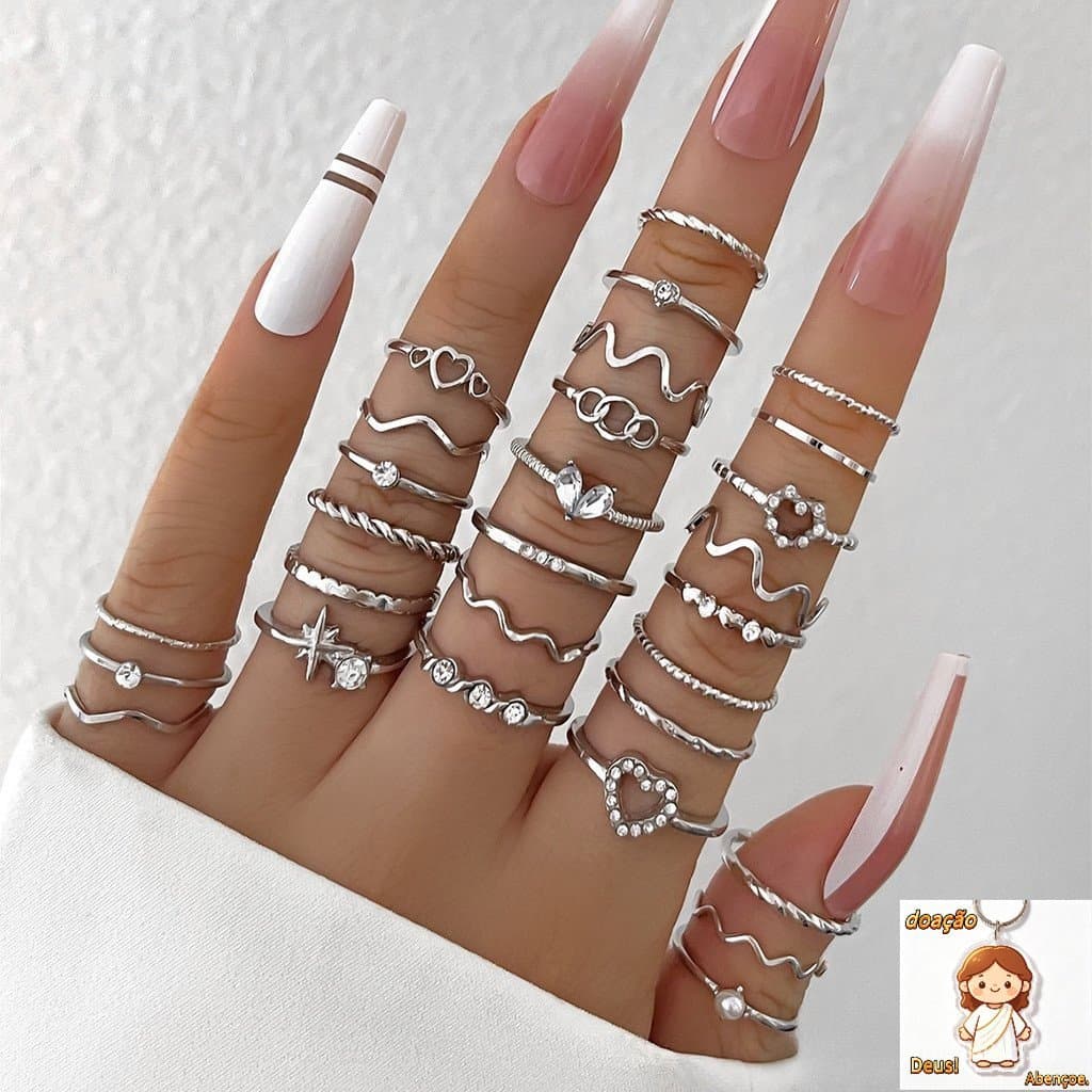 28pcs Conjunto de Anéis Geométricos de Moda para Mulheres Coração de Cristal Cor Dourada Prateada Acessórios de Joias pa