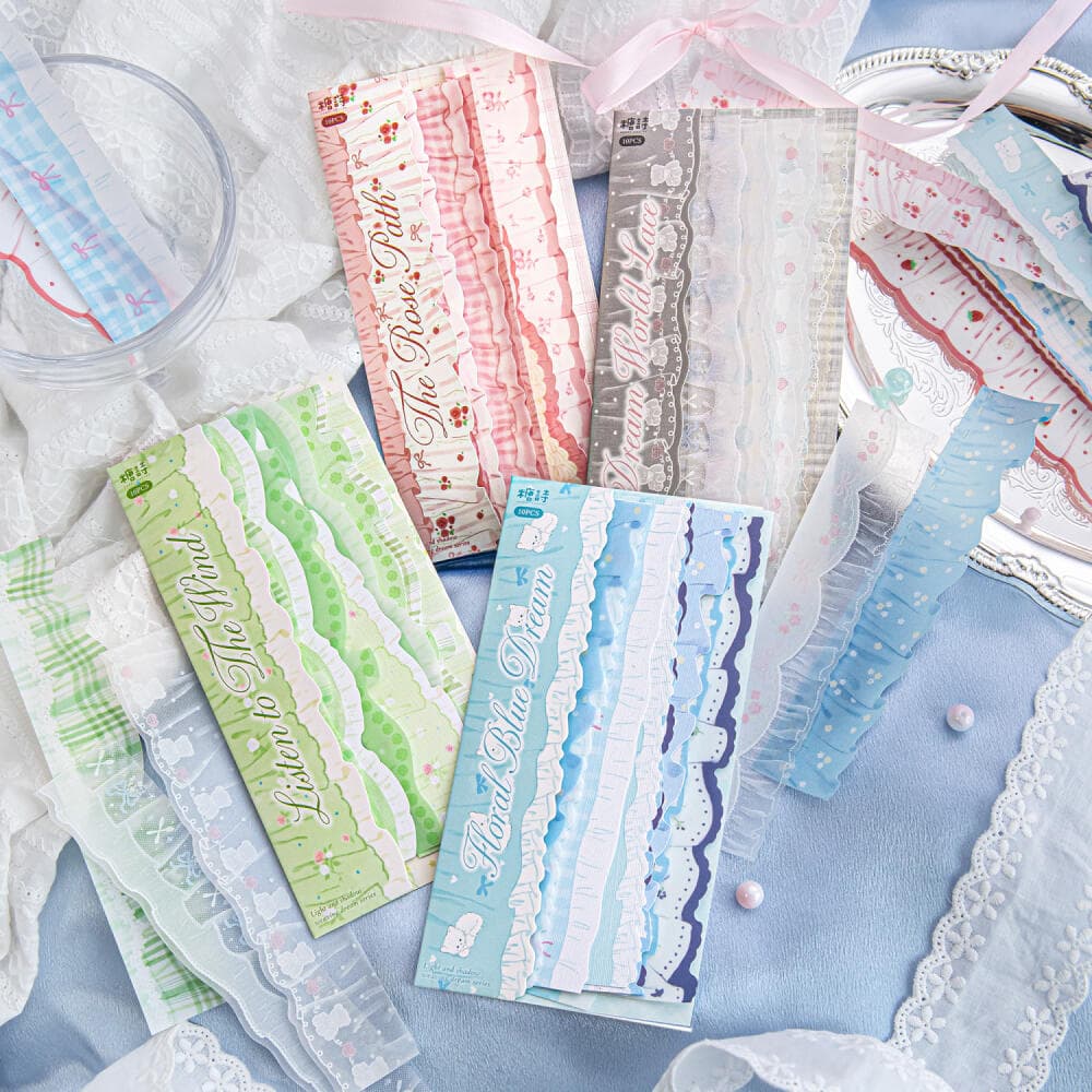 ENWEI 10 Pcs [Série De Cortina Tecido Sombra Leve] Guarnição Azul Reverie Long Strip Dream Lace Journal Pacote De Adesiv