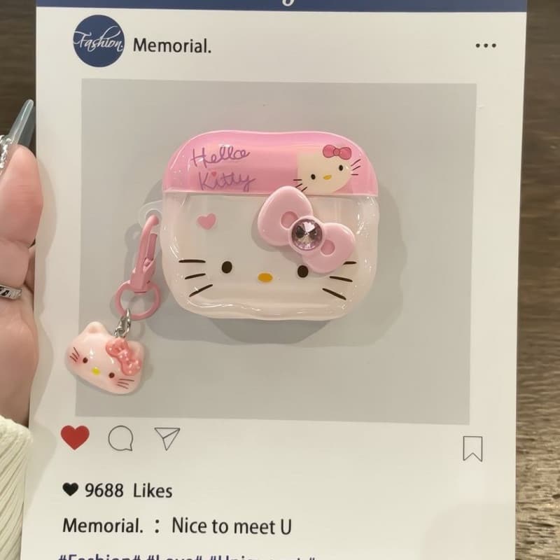 Capa Protetora de Silicone Anti-Queda para AirPods 4/3/2/1 e AirPods Pro 2 com Design Hello Kitty e Diamante Rosa 411G