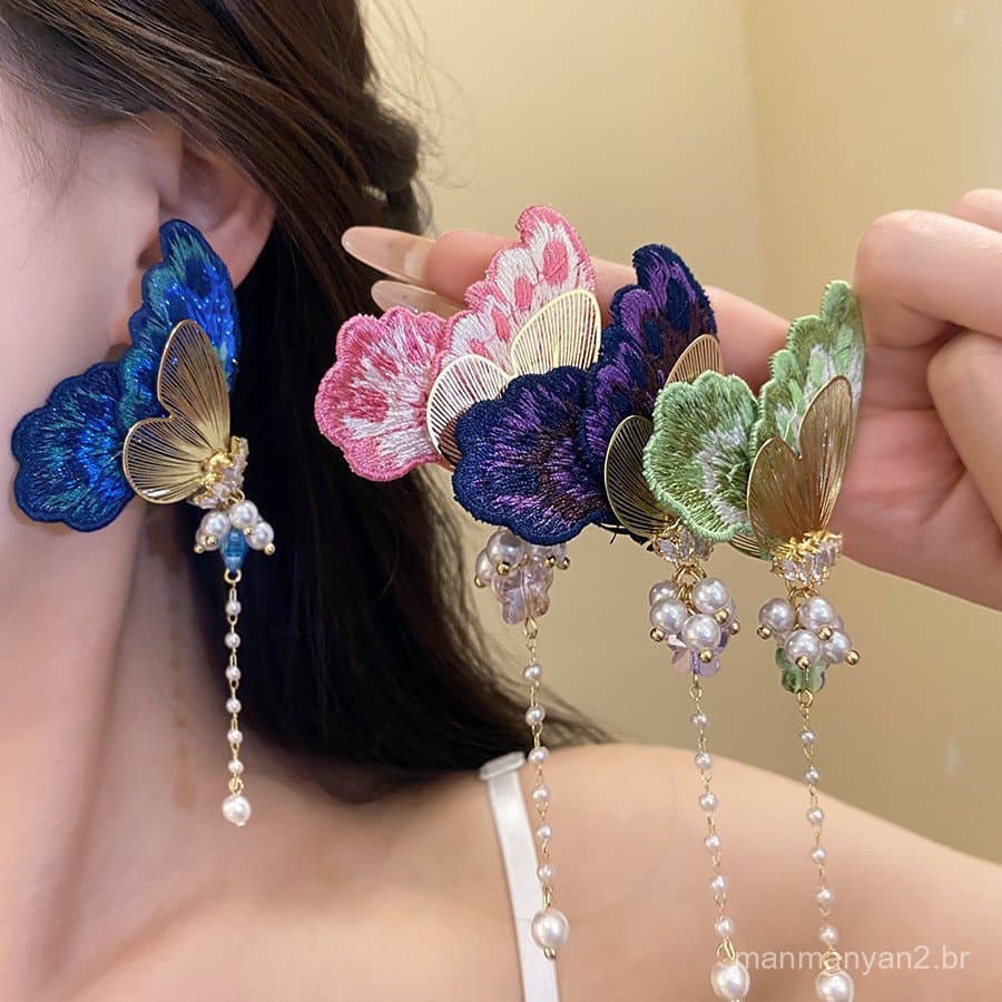 Novo Chinês Borboleta Borla Pérola Brincos Rosa Roxo Azul Verde Jóias Hipoalergênicas