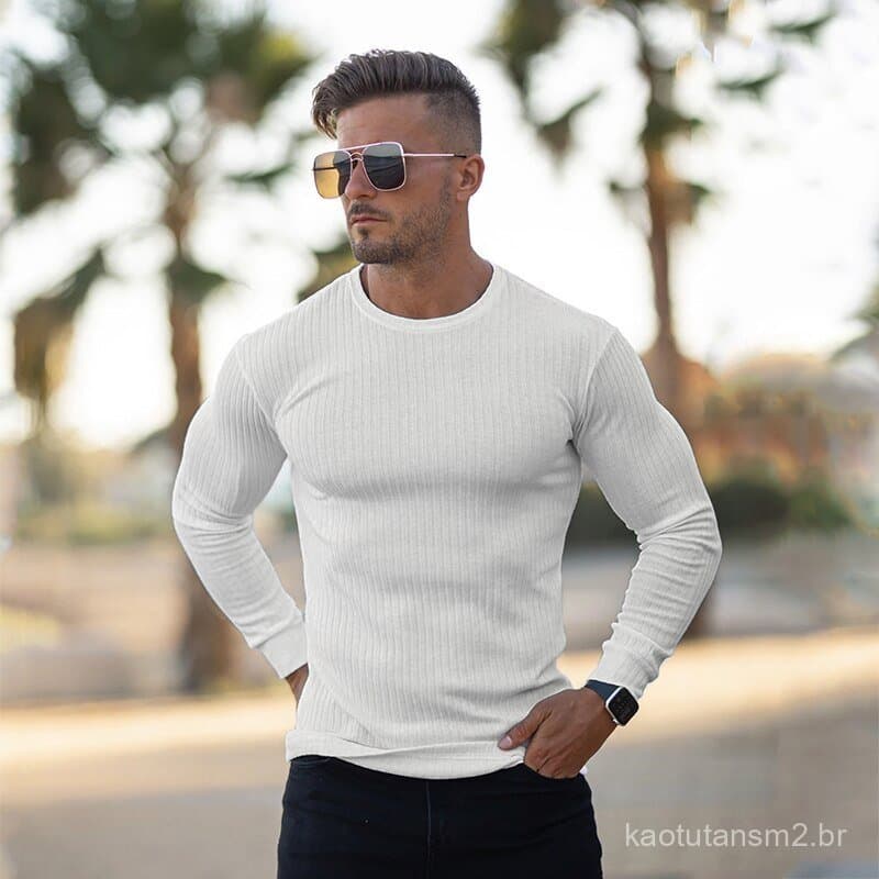 Suéter Masculino de Tricô / Pulôver / Gola Redonda / Preto / Liso / Casual / Ajuste Slim Para Outono / Inverno