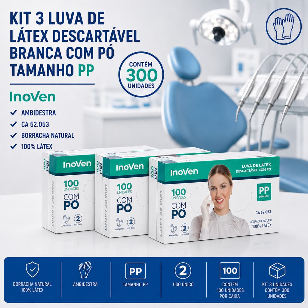 kit 3 Luva De Látex Descartável Inoven Branca Com Pó Tamanho PP Caixa 100 Unid