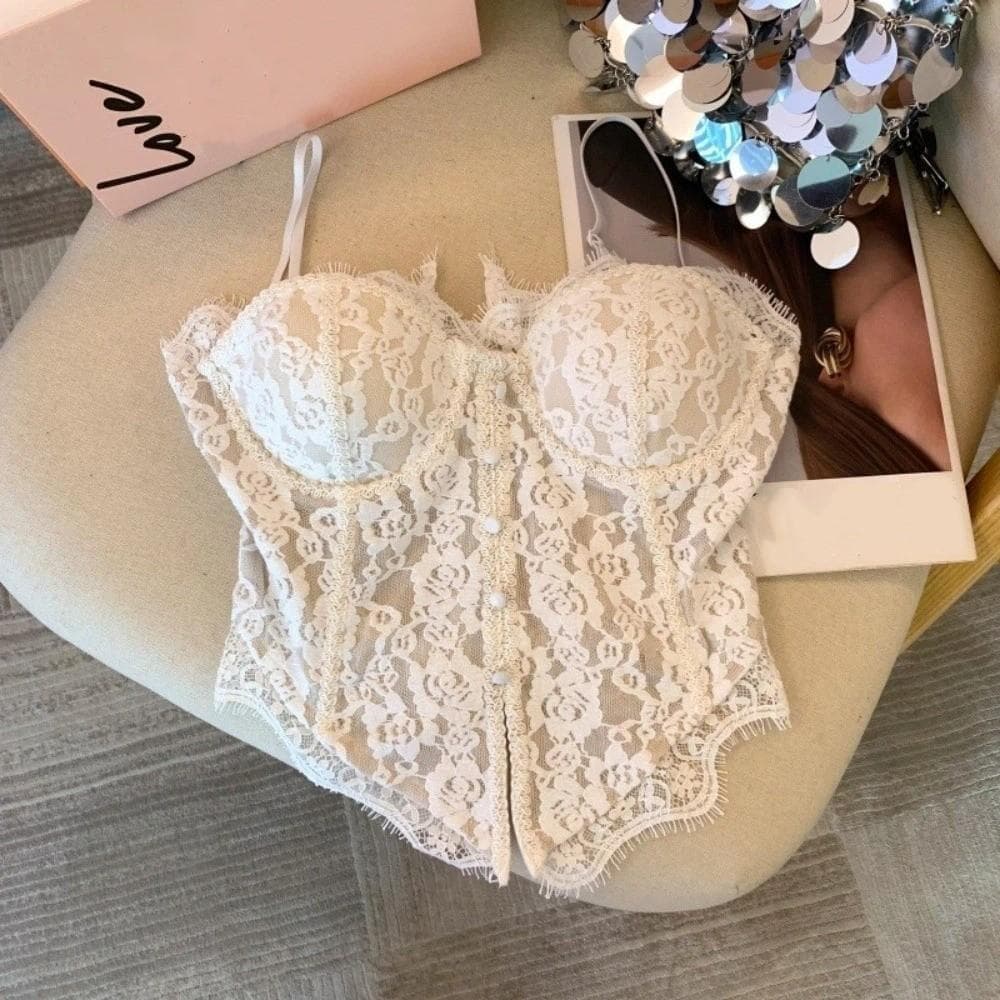 Camisola De Renda  , Espartilho Slim fit Sem Mangas , Regata Espinha De Peixe Transparente Crop Tops Femininos