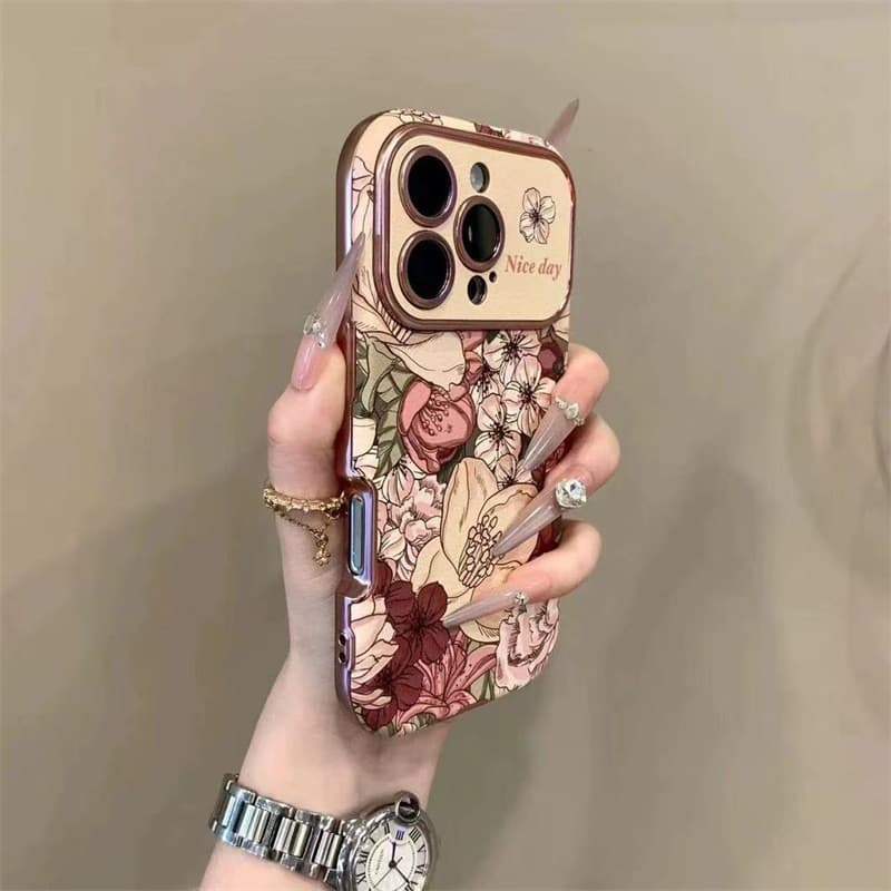 Flores retrô de pintura a óleo adequadas para iPhone17pro capa de telefone Apple 16pro couro 15pro janela 14pro