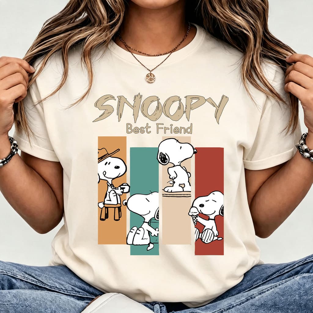 [Camiseta Premium em Algodão Puro]LA T Shirt Feminino Curto Snoopy Cartoon Estilo Casual Colorido para Dia a Dia