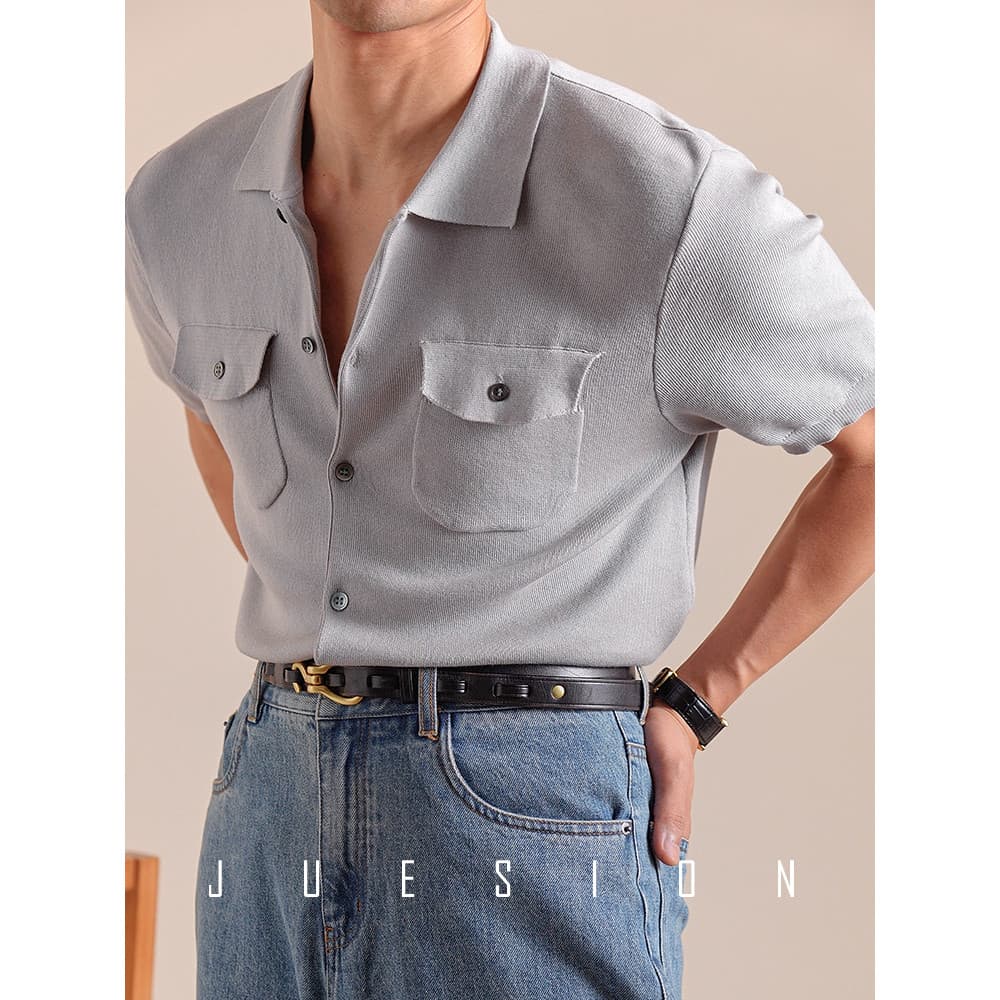 [Algodão Tencel de 16 agulhas de alta contagem] JUSION Camisa de malha italiana masculina verão refrescante respirável c