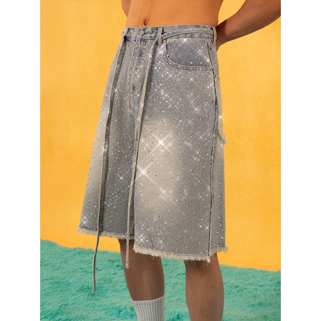 CLP Azul Strobe Full Diamond Jeans de Cinco Pontos Shorts Homens Mulheres Cordão Solto Perna Larga Borda Bruta Casual Re