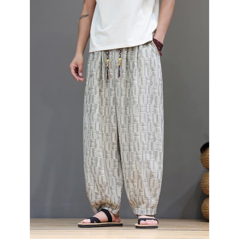 Calças casuais masculinas estilo chinês verão estilo fino gelo seda calças retas Retro solto calças de perna larga taman