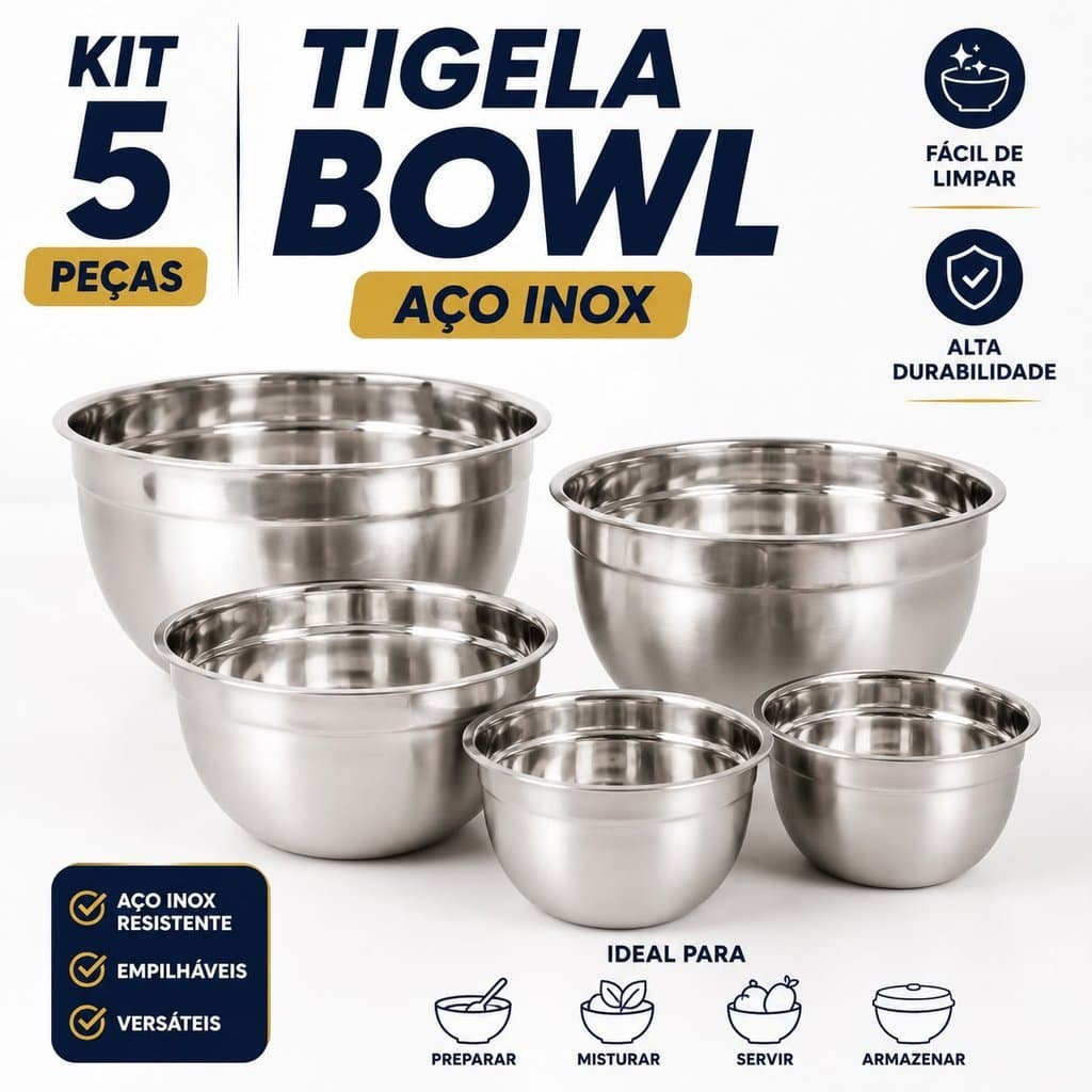 Jogo de Bowl Inox 5/10 Peças Tigela Inox Empilhável 14cm 16cm 20cm 22cm 24cm Gamela Bacia Cozinha