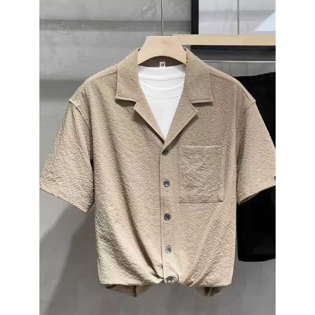 Verão na moda Design terno colarinho camisa masculina de manga curta 2024 novo estilo de seda gelo estilo fino rufião bo