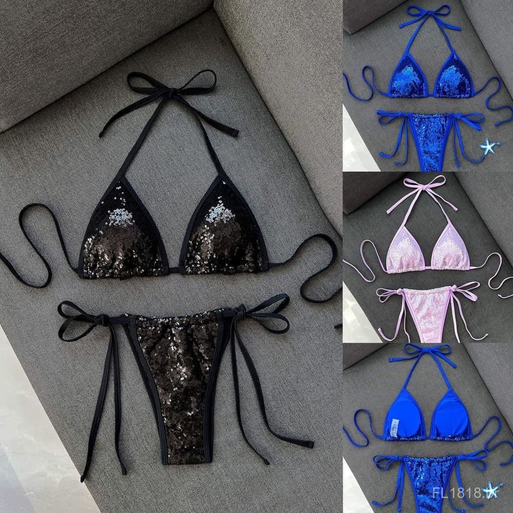 2026 Novo Biquíni Feminino Estilo Europeu e Americano com Lantejoulas Azuis, Copa Triangular, Decote Halter, Moda Praia