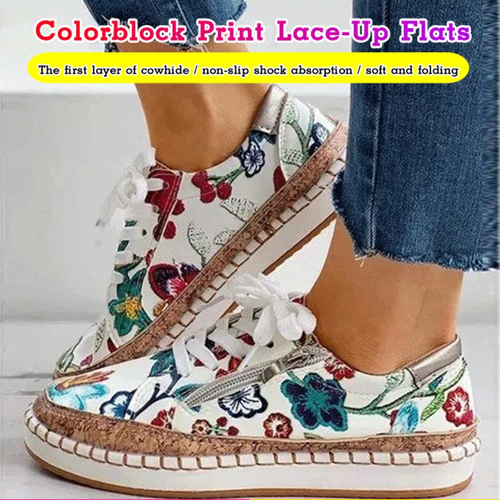 [Leveza e Estilo] Sapatos Planos Femininos Estampados Coloridos com Cadarço para Mulheres