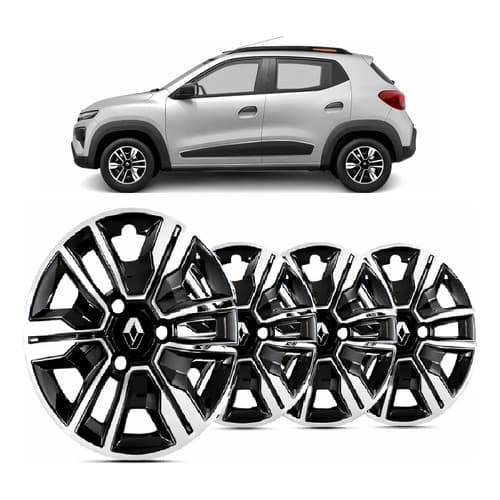 Jogo 4 Calotas Aro 14 Kwid Preto E Prata + Emblemas Renault