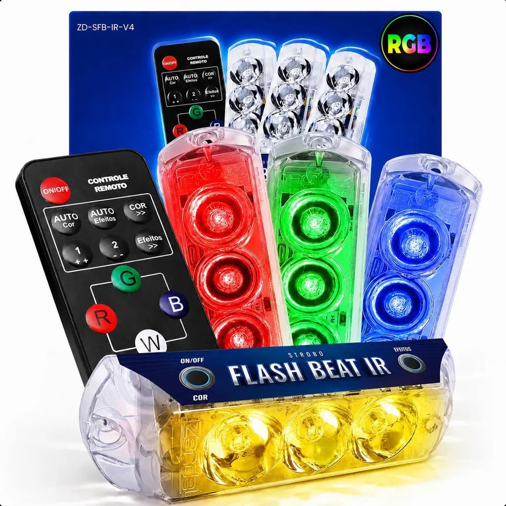 Kit 4 Strobos RGB Zendel Flash Beat IR V4 Controle Som Automotivo Caixa Bob Paredão 10 Efeitos