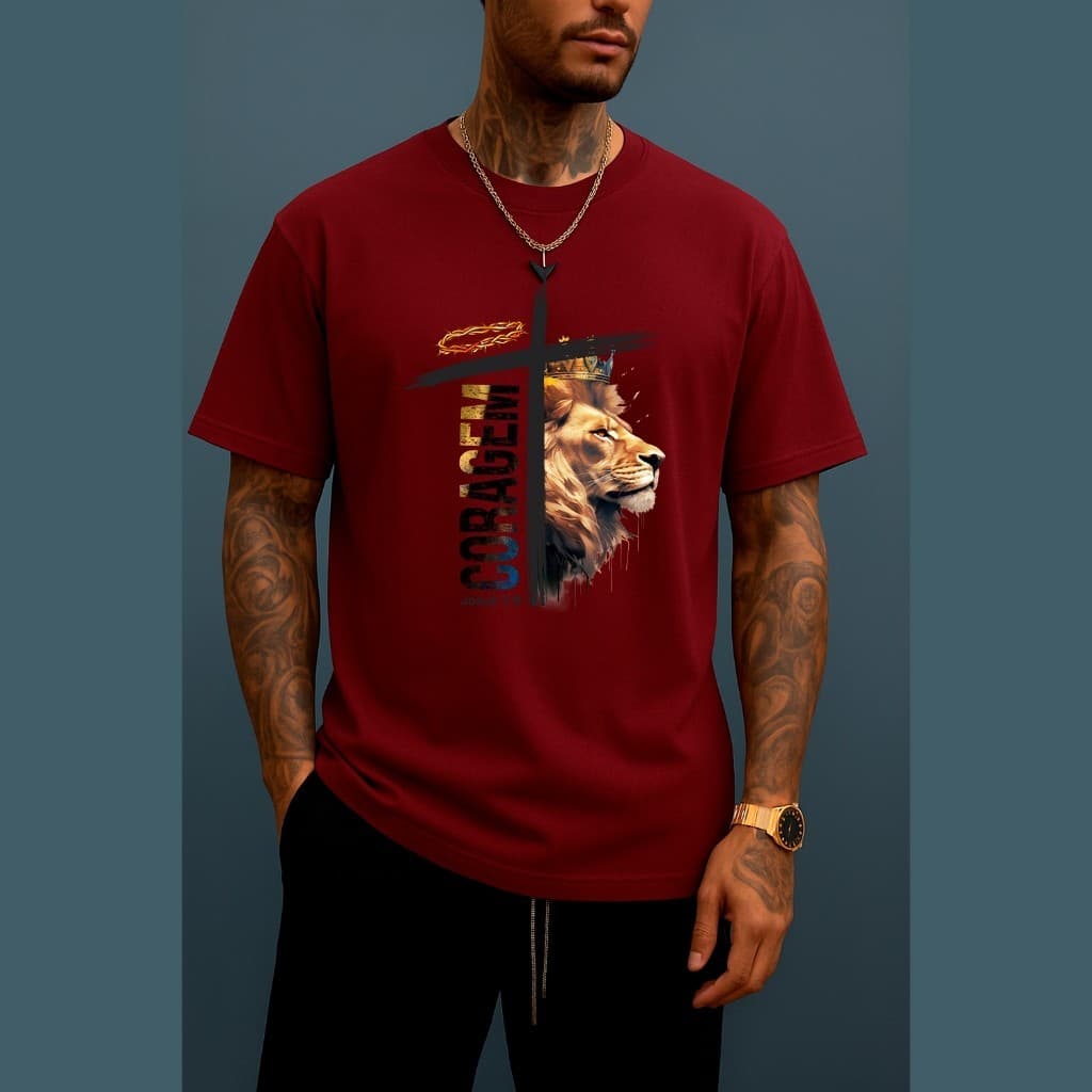 Camiseta Camisa Básica 100% Algodão Premium Cristão Evangelico Gospel Estampa Digital Coroa e Leão Envio Imediato