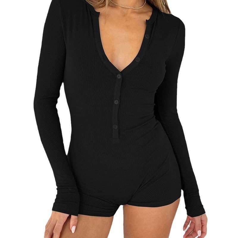Nova coleção de roupas femininas de outono: macacão curto ajustado, top casual de cor sólida, manga comprida com decote