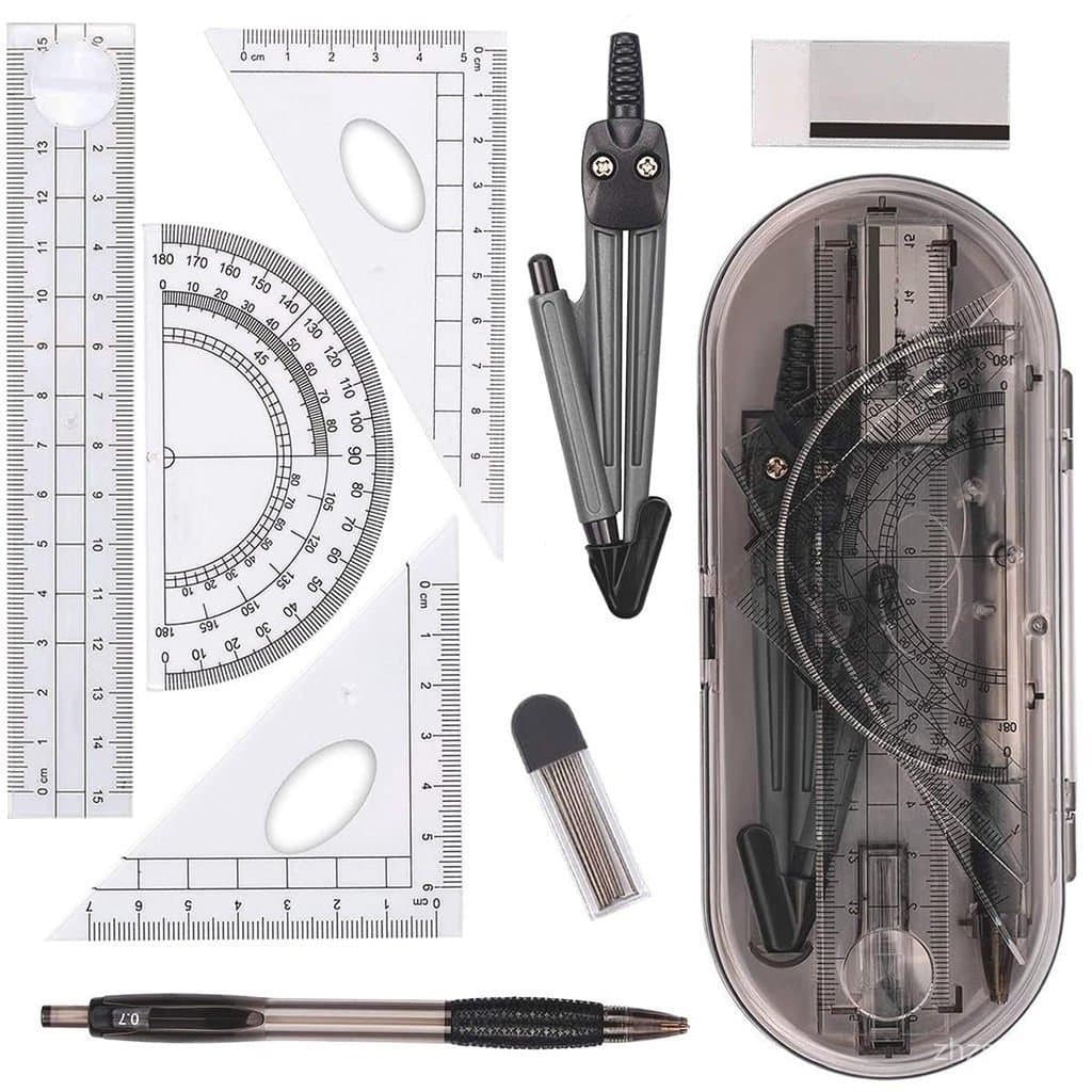 Kit de Geometria Matemática 8 Peças Caixa Inquebrável Régua Transferidor Compasso Desenho de Engenharia