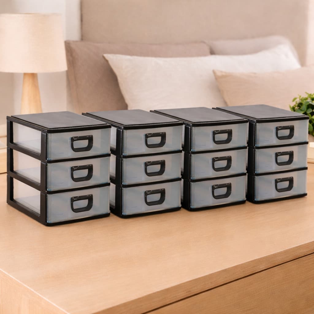 Kit 4 Gaveteiro De Mesa Organizador Micro 3 Gavetas Porta Tudo Cor Preto Gavetas Transparentes