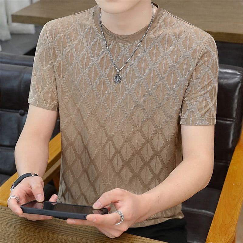Camiseta masculina de manga curta de seda gelada verão Jacquard de alta qualidade Slim Fit meio