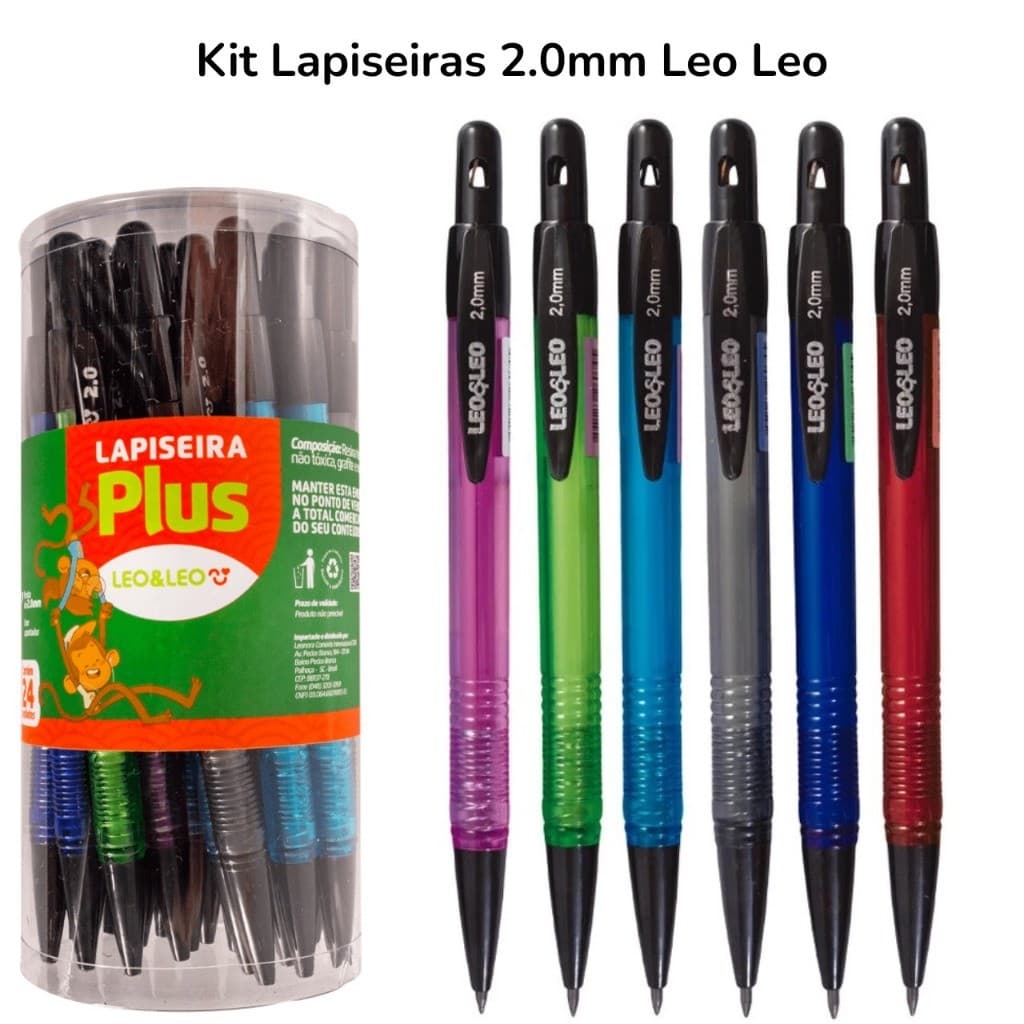Kit 3 Lapiseiras 2.0 Plus Leo Leo Material Escolar Escritório Lapiseira com Apontador Escrita Macia
