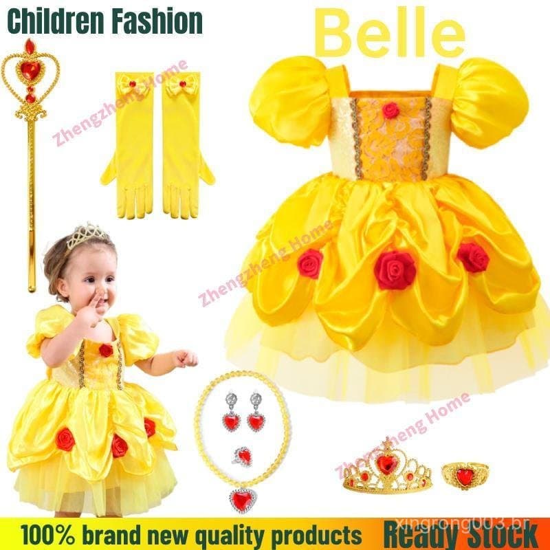 Fantasia de Cosplay da Bela e a Fera, Tamanho Infantil, Vestido da Princesa Belle, Menina, Halloween, Natal, Festa NSRU