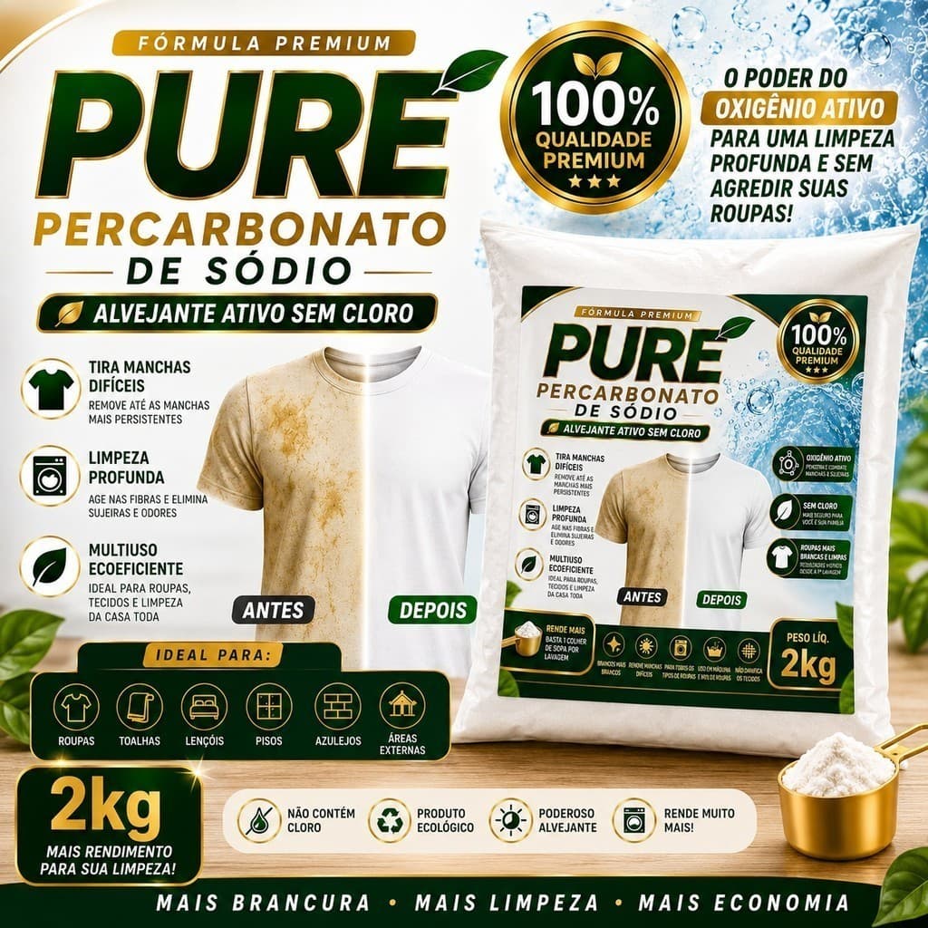 Percarbonato 100% Puro Eco Clean 2kg limpeza geral clareador de roupas Premium Original 500g/1kg/2kg