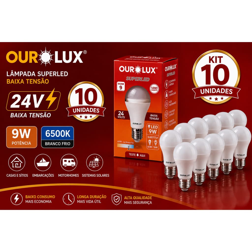 10 / 5  Lâmpada Bulbo 24V 9W Superled Baixa Tensão E27 Branco Frio Ourolux Onibus Barco Bateria  24 VOLTS DC