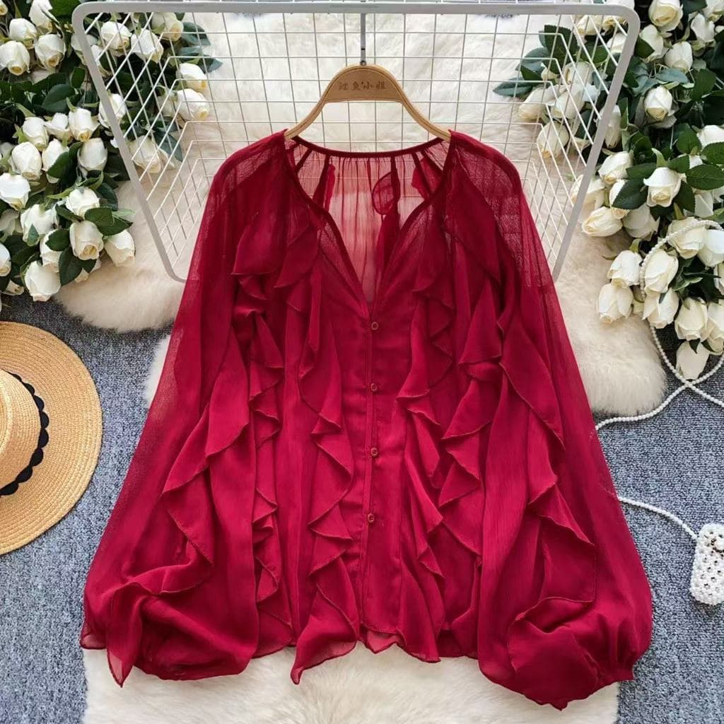 Estilo Coreano Feminino Solto Chiffon Com Decote Em V Plissado Camisa De Manga Longa Blusa Nova