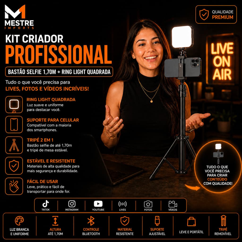 Kit Mini Luz Preenchimento Led Selfie Portátil + Tripé 2,10m