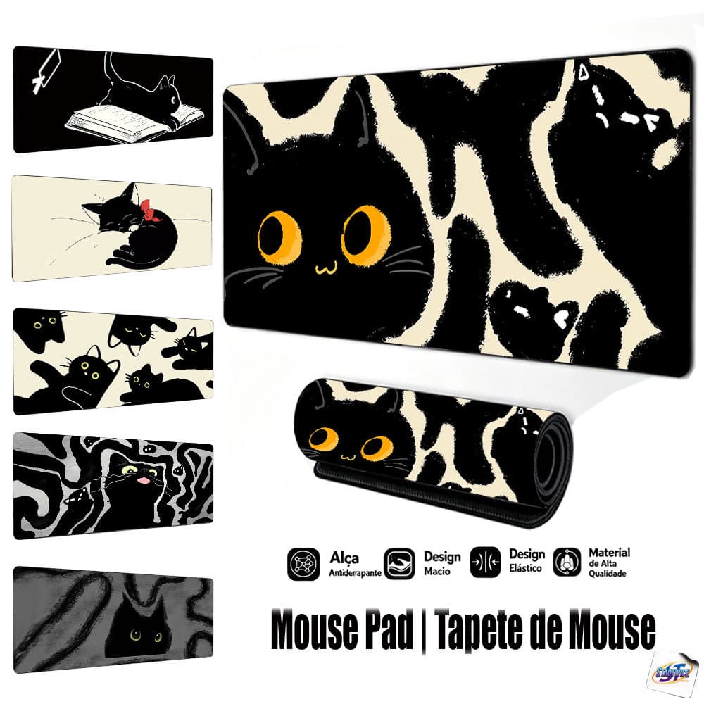 Mouse Pad Gamer Tapete de Mouse 80x30cm Gato Preto Fofo, Base de Borracha Antiderrapante Borda Costurada FPS Escritório