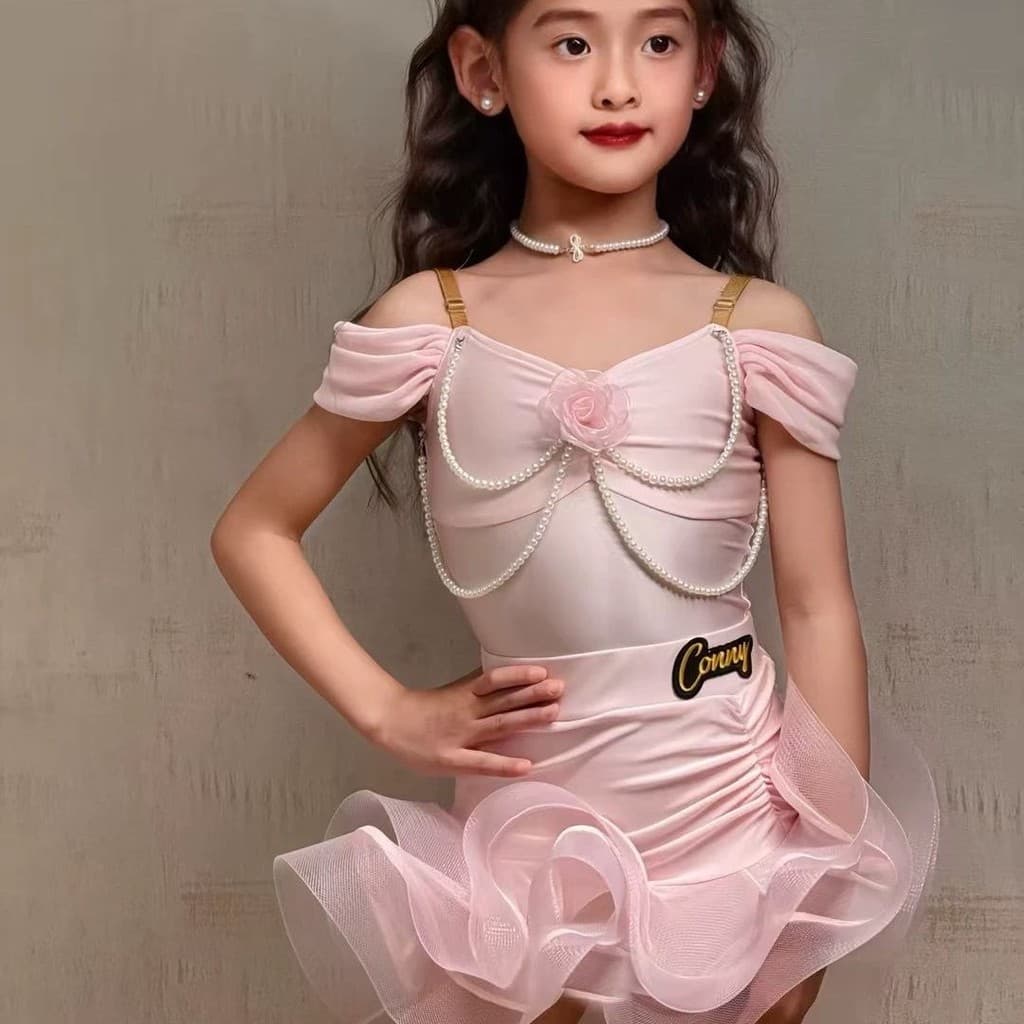 [WDF] Terno de saia dividida para exame de dança latina infantil, traje de Performance de Pettiskirt fofo, fantasia de d