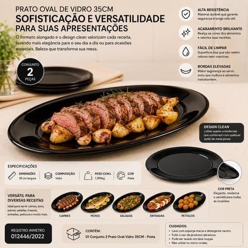 Conjunto Jantar 2 Peças Oval Vidro Resistente Preto 35 Centímetros