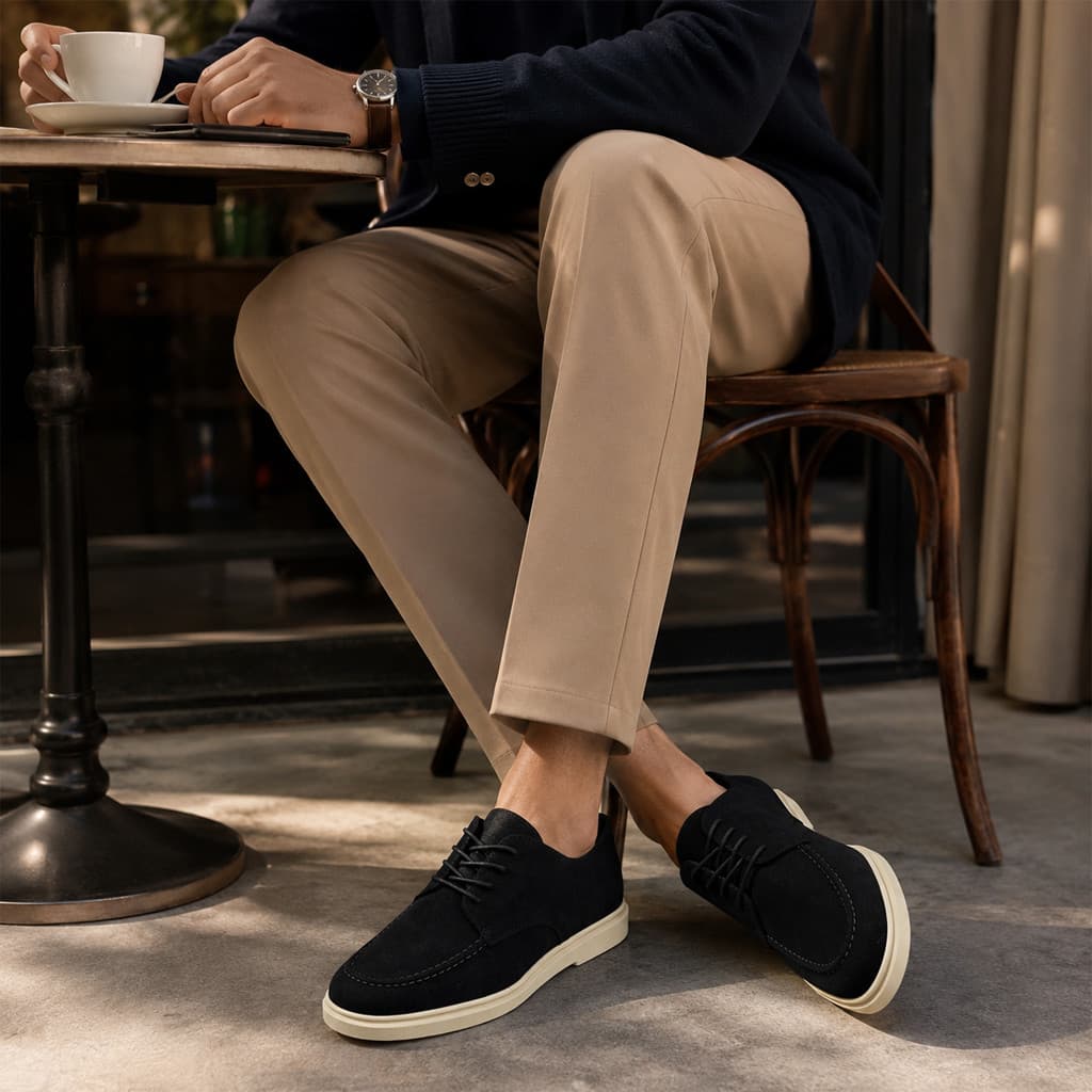 Sapato Masculino Preto Camurça com Cadarço Sola Clara para Trabalho, Eventos, Uso Comercial e Casual