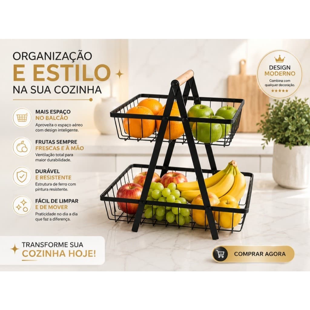 Fruteira De Mesa 2 Andares Organizador Multiuso Metal Aramad