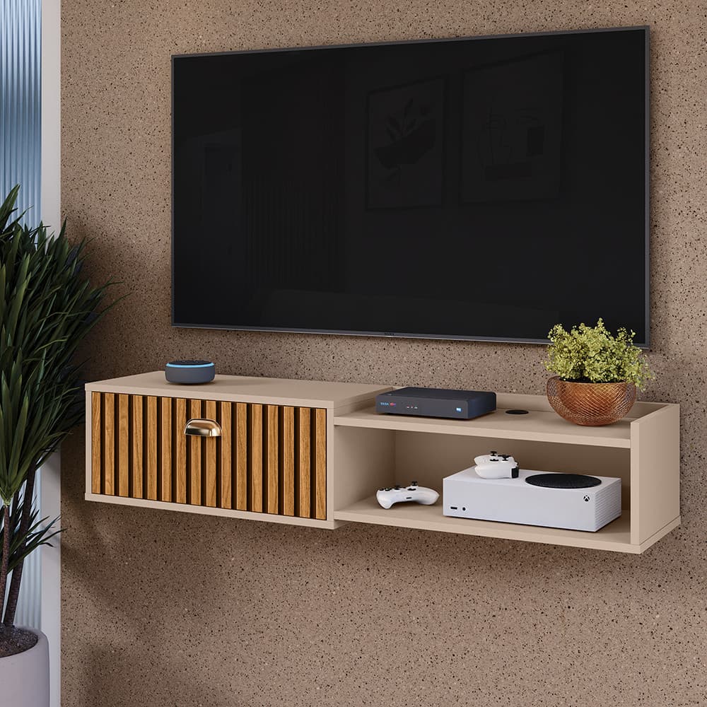 Rack Suspenso Ideal para TV 42 Polegadas 1,20 Porta Basculante Puxador Concha Moderno Para Sala de Estar Quarto México