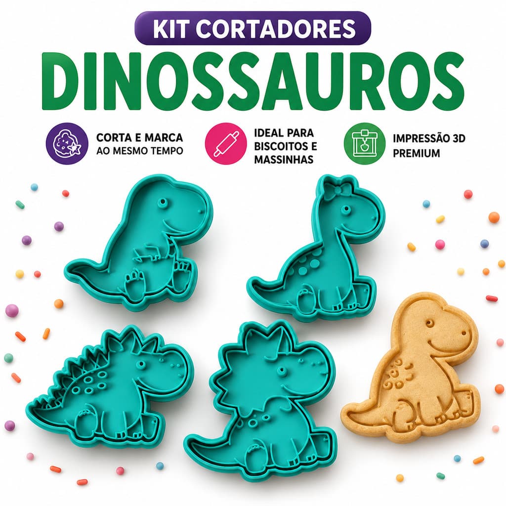 Kit Cortadores Dinossauros 4 Peças | Biscoitos, Massinha, Plastilina, Argila, Areia Cinética | Impressão 3D