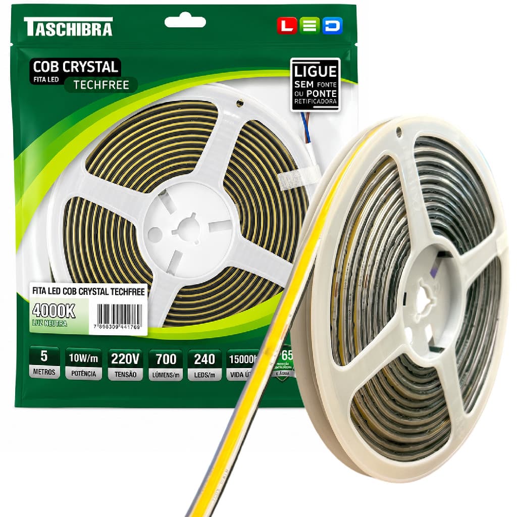 Fita Led COB 5 Metros 10W/M 240 Leds Neutro 4000K 220V IP65
