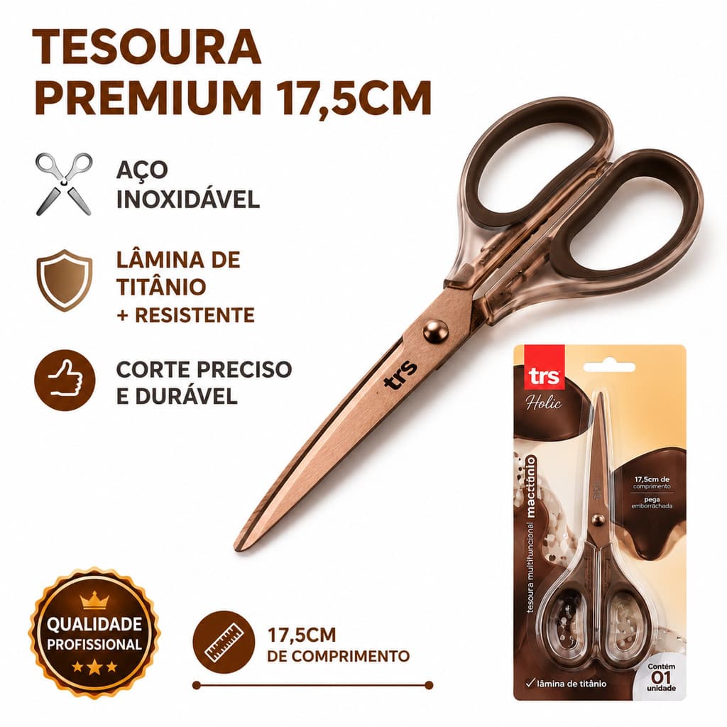 Tesoura Multiuso Premium 17,5 cm Coffe Aço Inox Corte Preciso Profissional - Tris