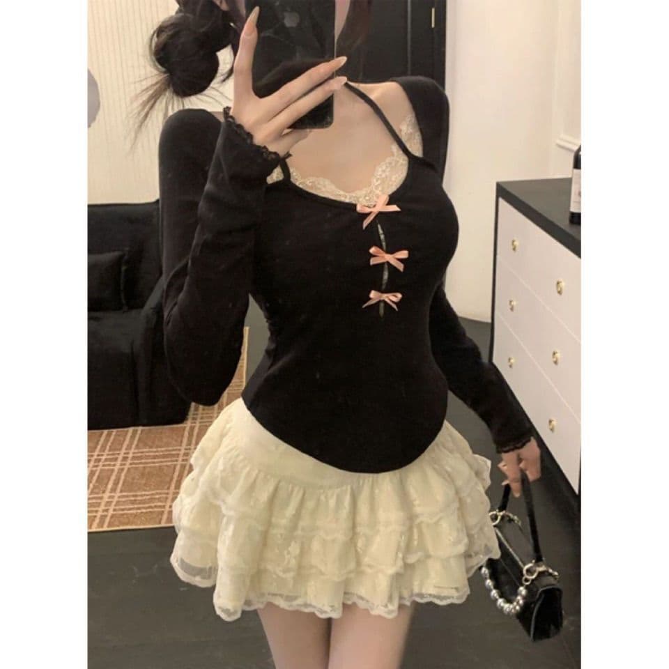 Top halter com detalhes em renda para mulheres, conjunto de duas peças com saia de cintura alta e volume estilo bolo par