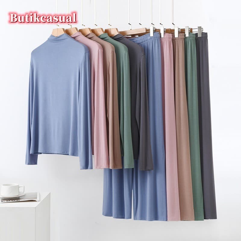 Modal Meia Gola Alta Manga Longa T Camisa Calças De Perna Larga 2 Peças Conjunto Plus Size Feminino Solto Casual Casa Lo