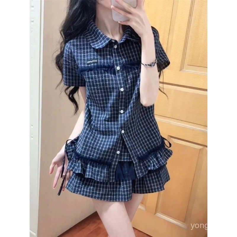 Conjunto Feminino Casual Chique de 2 Peças Estilo Preppy Vintage: Blusa de Manga Curta Xadrez Patchwork + Saia Curta de
