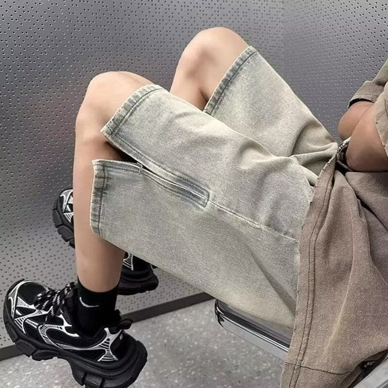 Shorts jeans americano retrô street Wear com zíper Design calças soltas de cinco pontos High street cinco pontos #