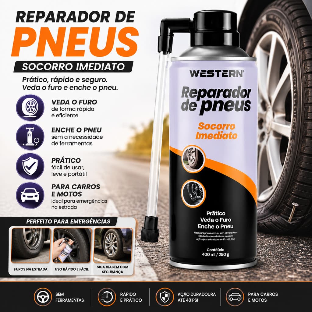Reparador De Pneus Western Enche E Veda Pneu Furado Reparo Automotivo Selante Instantâneo