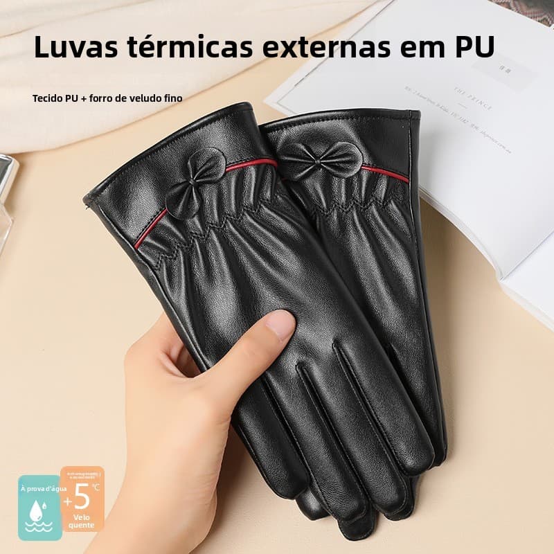Luvas Femininas de Couro PU Forradas com Lã para Outono e Inverno, Ciclismo e Condução ao Ar Livre, À Prova de Frio, Ant