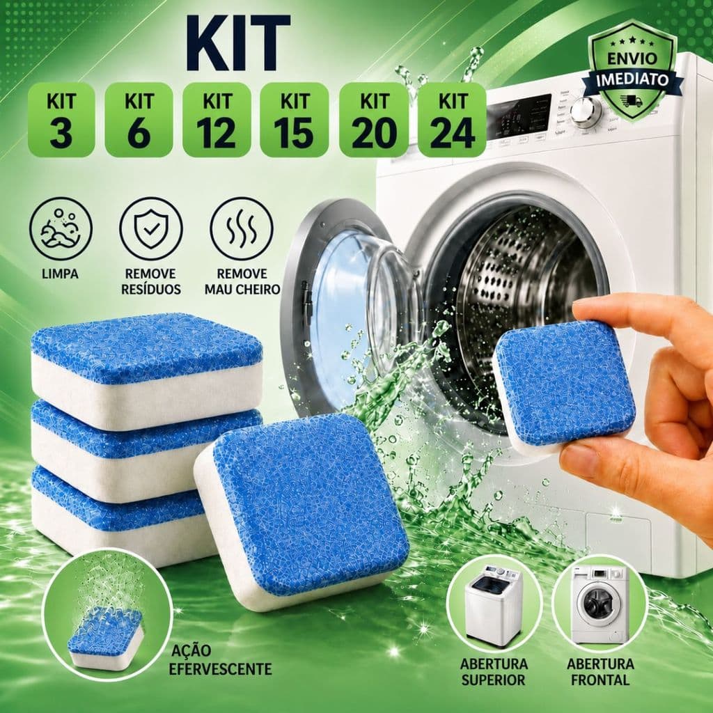 Kit Pastilhas Efervescentes Limpa Máquina de Lavar Roupa Remove Mau Cheiro e Resíduos Higienizador Multifuncional