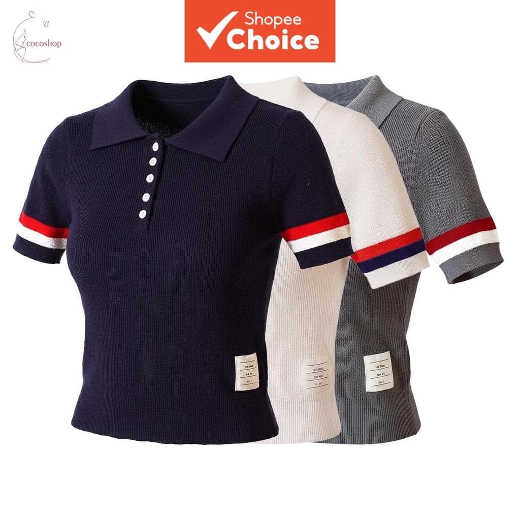 Top De Malha Polo Com Punho Listrado Estilo Formal Para Mulheres , Camiseta Recortada Nervuras De Ajuste Fino , Camisa D