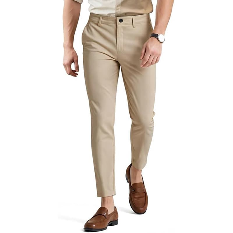 Calça Casual masculina Slim fit, sarja elástica, cintura média, perna pequena