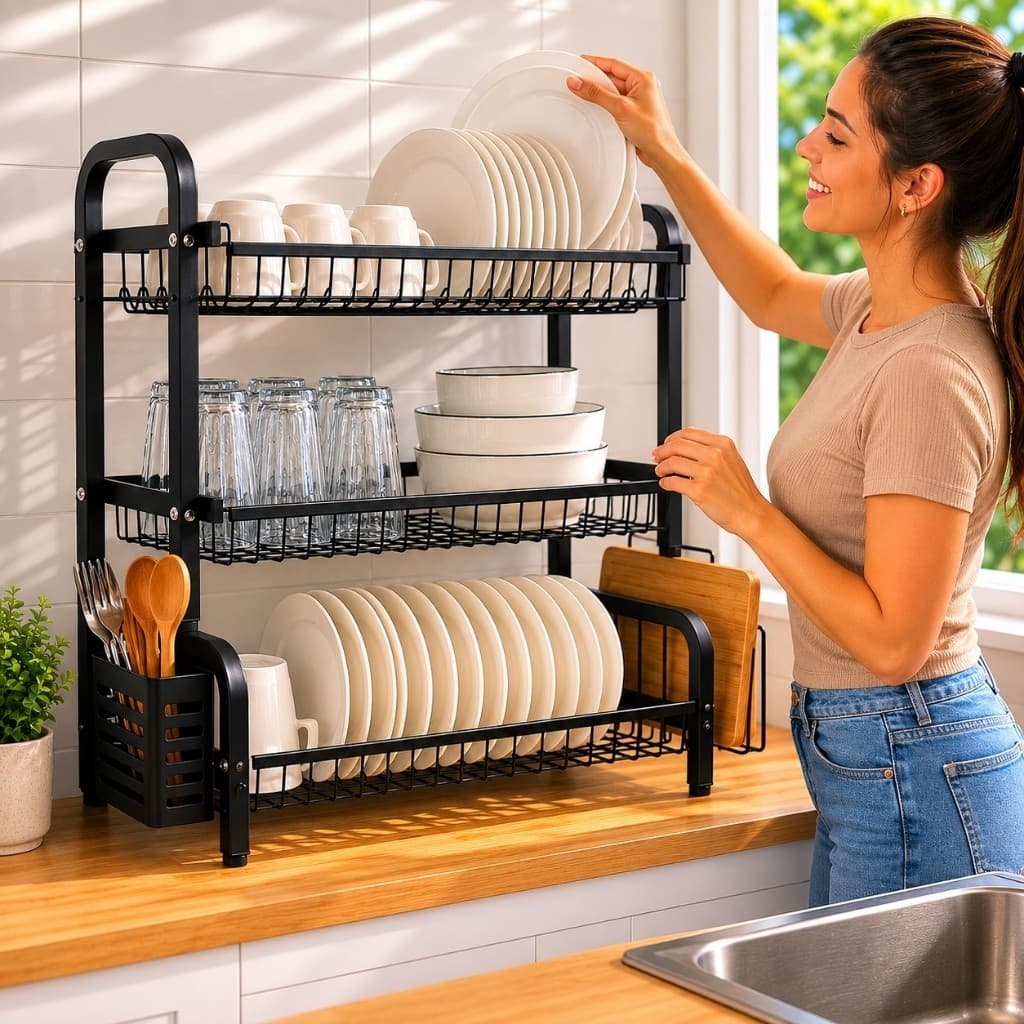 Escorredor Louças 3 Andares Organizador Cozinha Preta Rack Guarda Seca Agua Prato Talheres Suporte