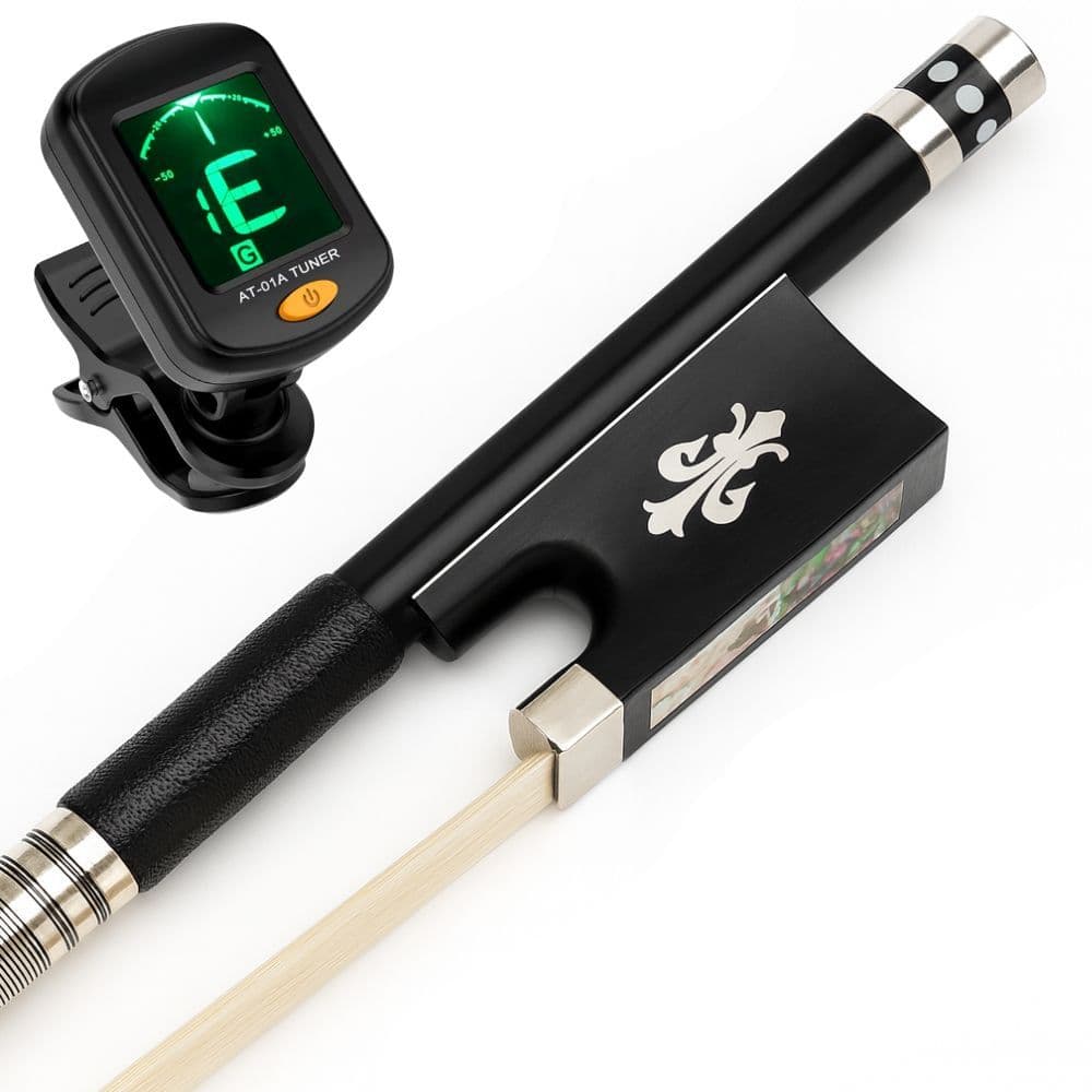Kit Afinador + Arco Marinos Profissional 4/4 Fibra de Carbono Crina Animal Genuína Talão em Ébano
